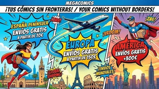 Cartel promocional de Megacomics con env&iacute;os gratis de c&oacute;mics de colecci&oacute;n a Espa&ntilde;a, Europa y Am&eacute;rica
